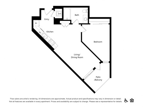 Floor plan for 1 bed, 1 bath, 696 sqft